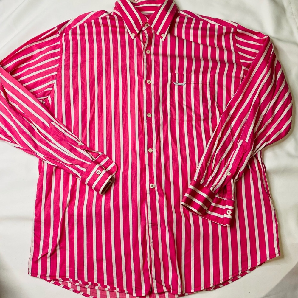 Pink and White Striped Casual Button Down Shirt